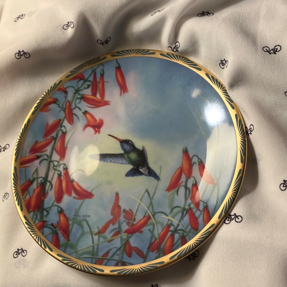 Decorative Hummingbird Ceramic Plate in Blue and Red - Collector Accent